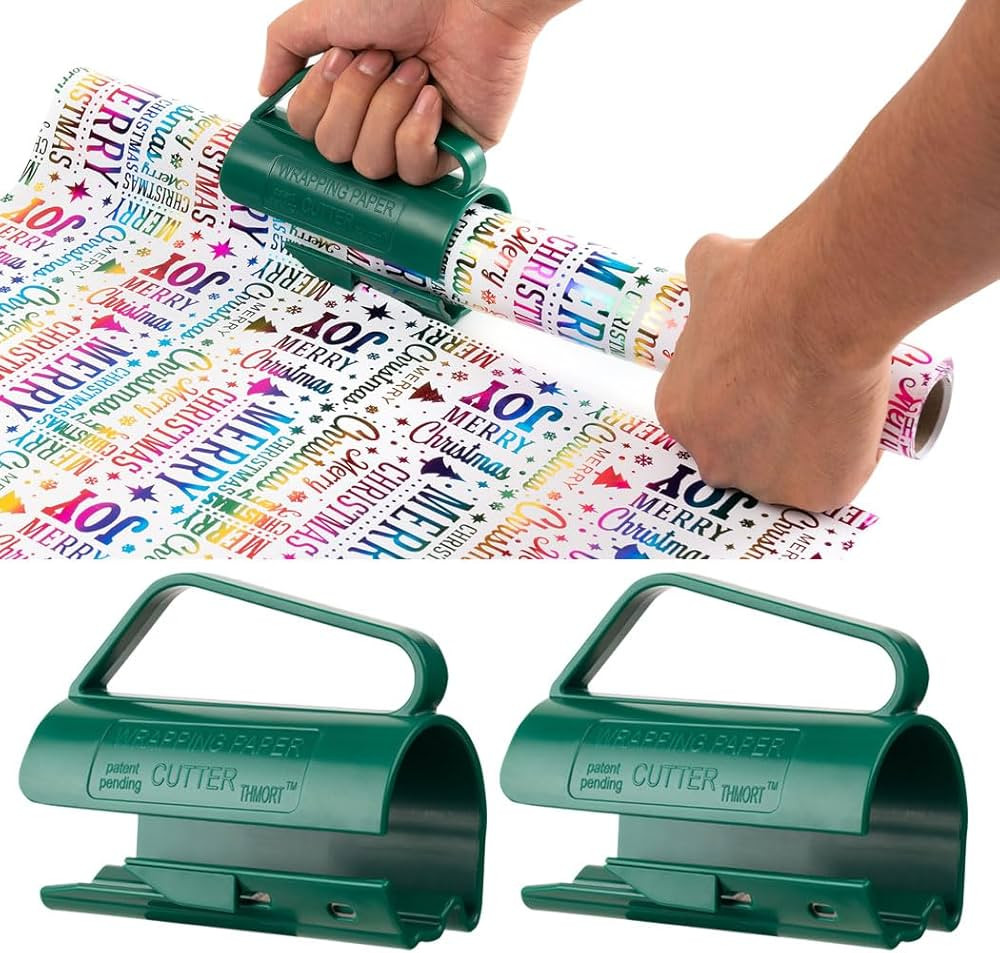 Wrapping Paper Roll Cutter, 2Pcs Green Wrapping Paper Cutter Tool with Handle Push Cut Easy Slidi... | Amazon (US)