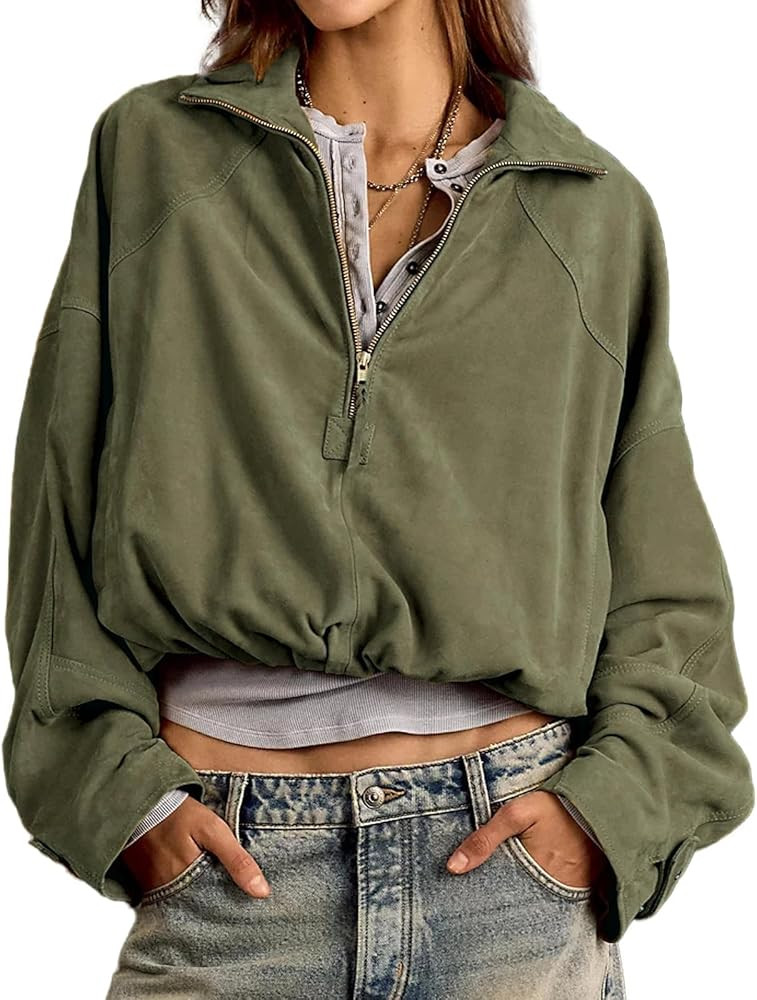 GQBiaoji Women's Half Zip Faux Suede Sweatshirt Lightweight Pullover Bomber Jacket Drop Shoulder ... | Amazon (US)