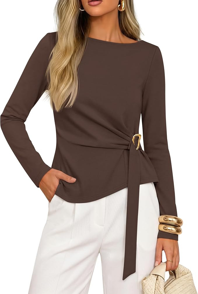 ZESICA Womens Fall Long Sleeve Business Casual Tops Work Blouse | Boat Neck, Ruched Waist, Tie Fr... | Amazon (US)