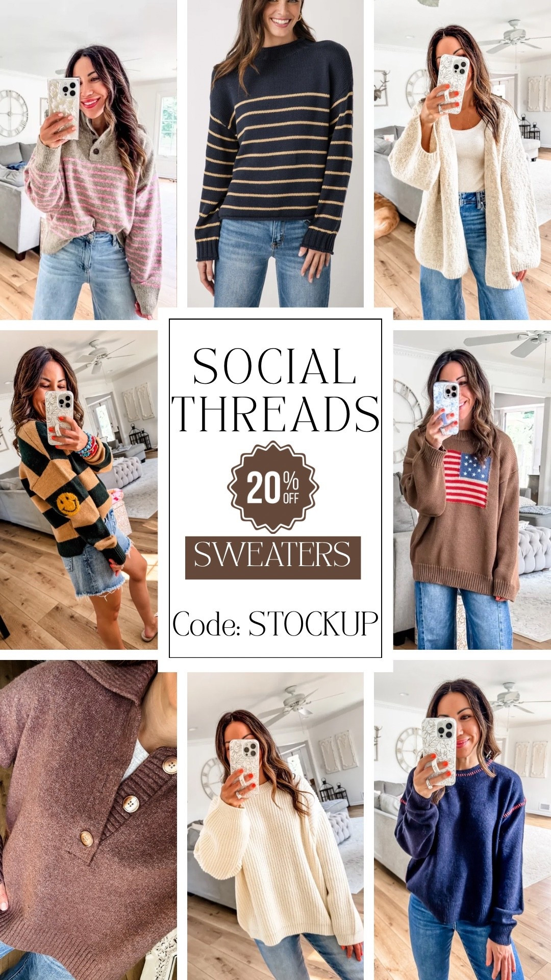 Code: STOCKUP. 20% off, select sweaters this weekend only at Social Threads. Wearing small in all.

#LTKSaleAlert #LTKOver40