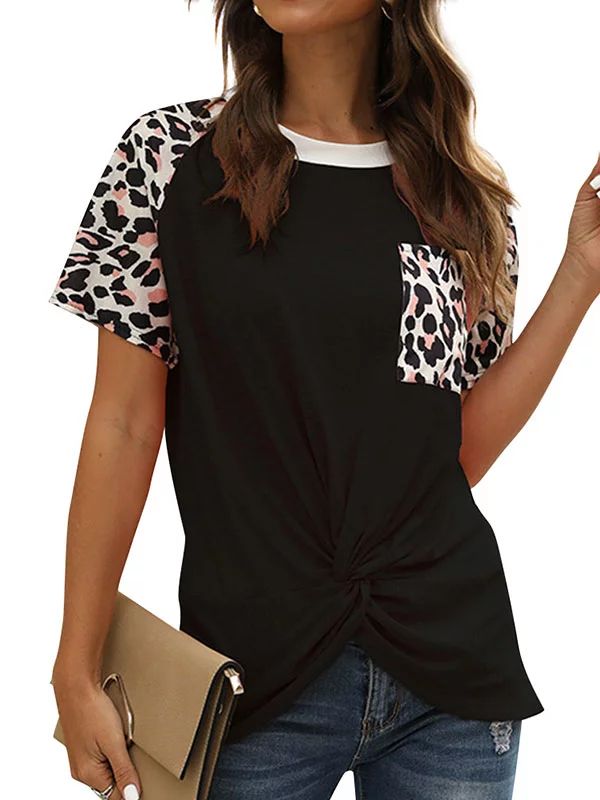 Women Leopard print Pocket Front Twisted Hem T-Shirt | Walmart (US)