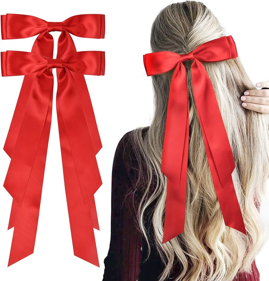 Large Satin Hair Bows Hair Ribbons for Women CEELGON 2PCS Big Long Red Ballet Style Hair Bows Fre... | Amazon (US)