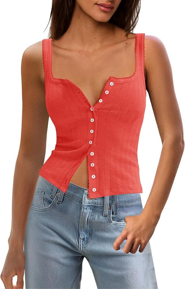 Panadila Womens Ribbed Square Neck Tank Top Summer Button Down Tanks Sleeveless Knit Tops Going O... | Amazon (US)
