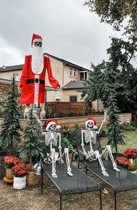 Keep the holiday spirits going on your front lawn or porch-  from Halloween to thanksgiving and Christmas. Adding fresh potted mums in rich hues,  faux Christmas trees planted in weaved baskets.  And of course dress up your skeletons in cute Santa hats and outfits.

#LTKhome #LTKHoliday #LTKSeasonal