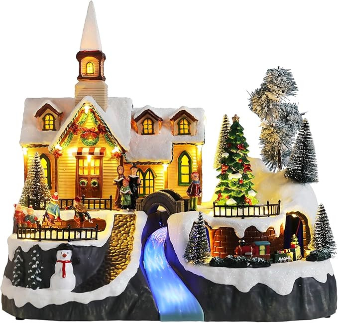 MUMTOP Christmas Village Snow Church with Rotating Train, Light Up Animated Moving Skaters and Ch... | Amazon (US)