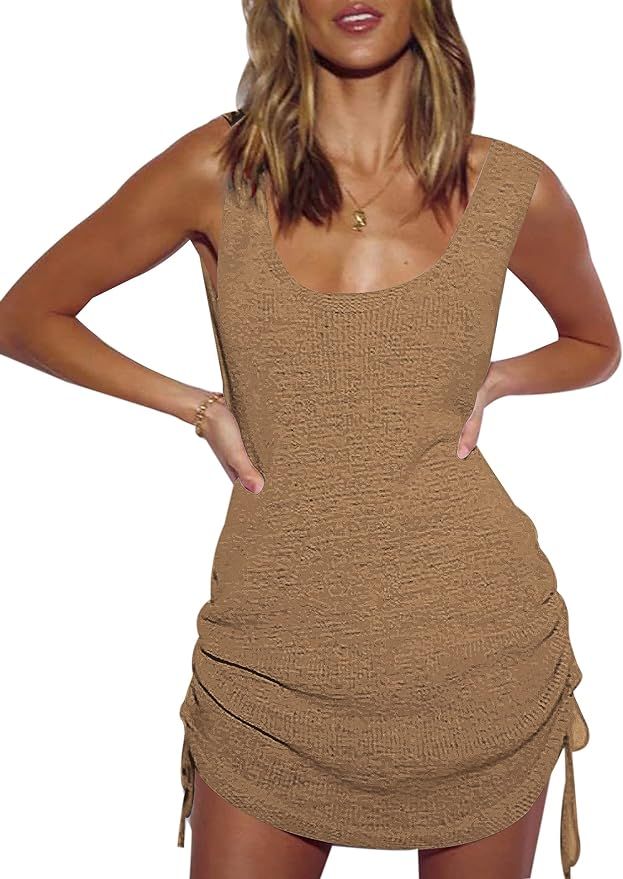 AI'MAGE Women Cover Ups Beach Bikini Dress Crochet Coverups Tank Dress with Drawstring S-XXL | Amazon (US)