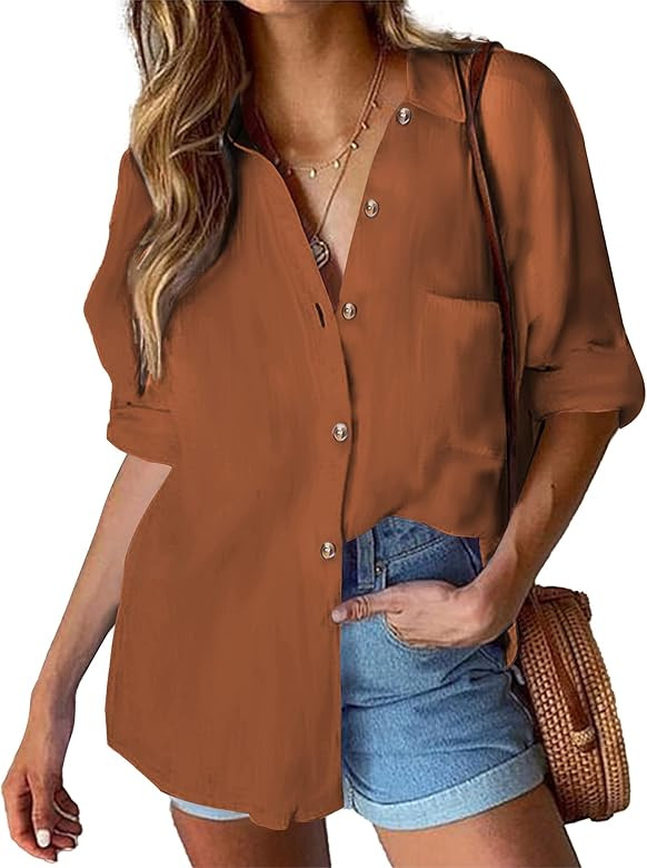 Hotouch Womens Cotton Button Down Shirt Casual Long Sleeve Loose Fit Collared Linen Work Blouse T... | Amazon (US)