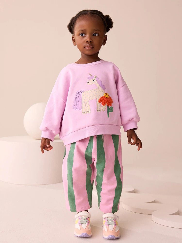 Pink Stripe Unicorn Sweatshirt and Barrel Leg Joggers Set (3mths-7yrs) | Next US