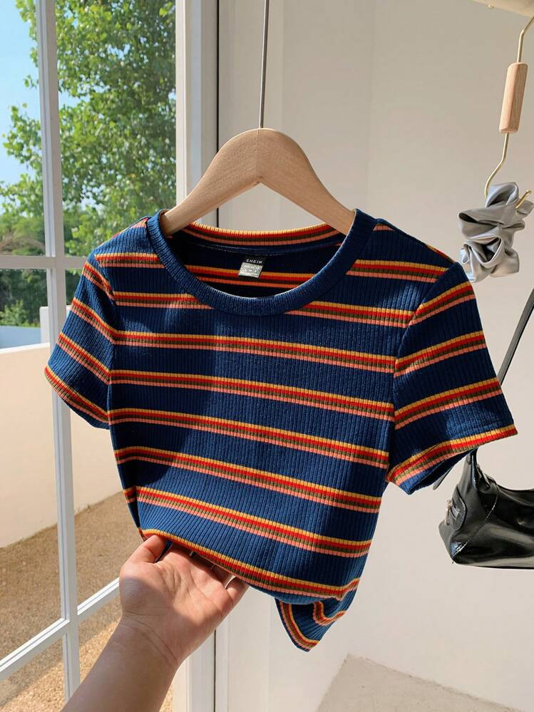 Comfortcana Plus Size Women Colorful Striped Round Neck Short Sleeve T-Shirt, Summer | SHEIN