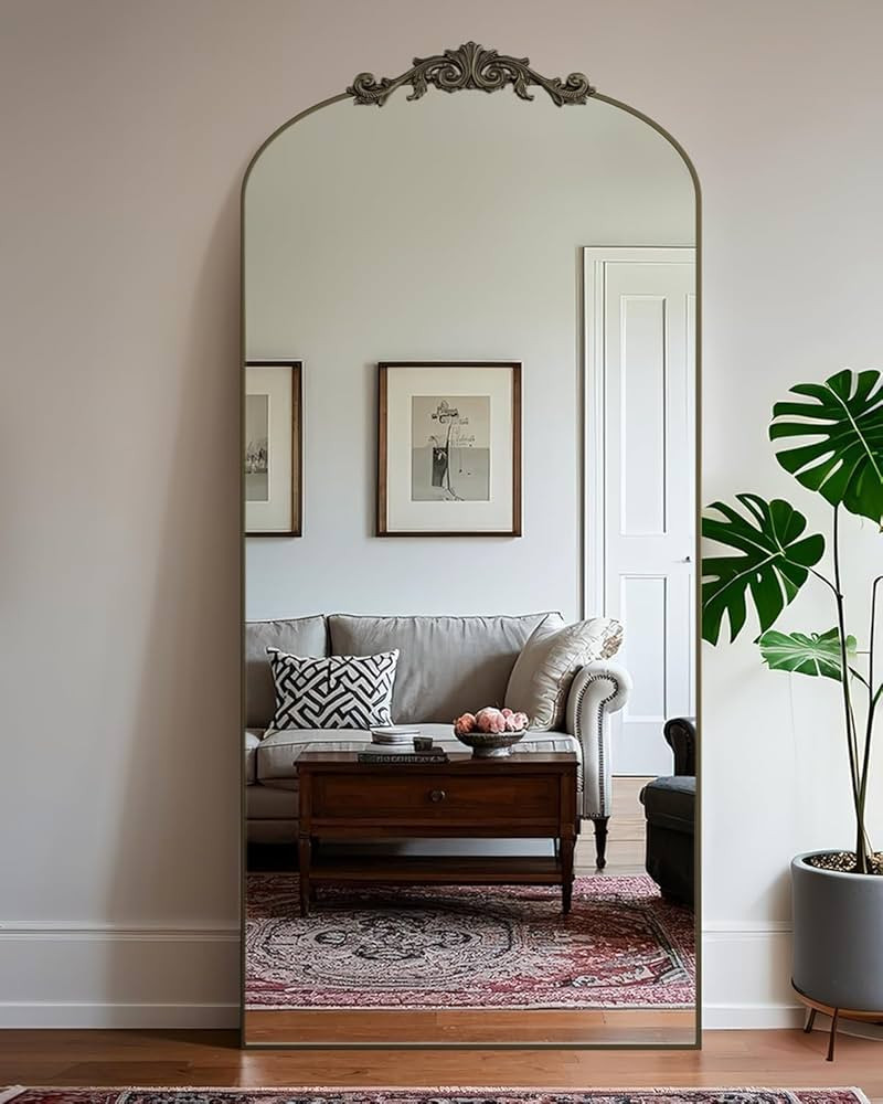 Arched Full Length Mirror, 76"x34" Floor Mirror Freestanding with Carved Metal Frame & Bottom Art... | Amazon (US)