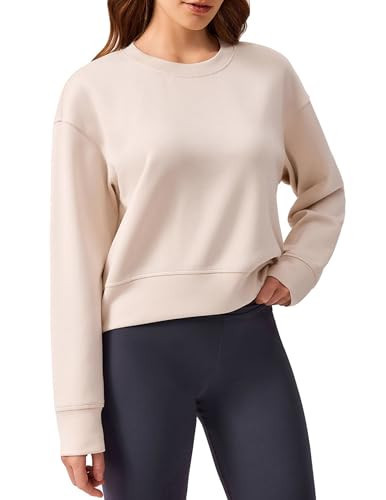 PINSPARK Crew Neck Sweatshirts Women Oversized Cropped Pullover Sweat Shirts Soft Long Sleeve Workout Crop Tops Travel Clothes 2024,Apricot Small | Amazon (US)