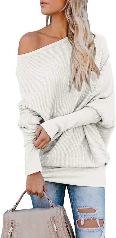 Womens Off Shoulder Sweater Batwing Sleeve Ribbed Loose Oversized Pullover Knit Jumper | Amazon (US)