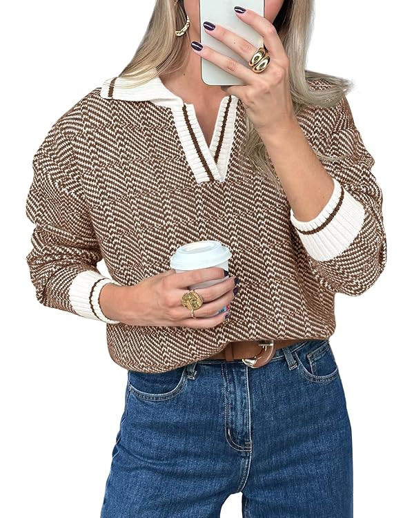 Saodimallsu Womens Fall Sweaters Tops Lapel V Neck Knit Sweater Color Block Long Sleeve Casual So... | Amazon (US)