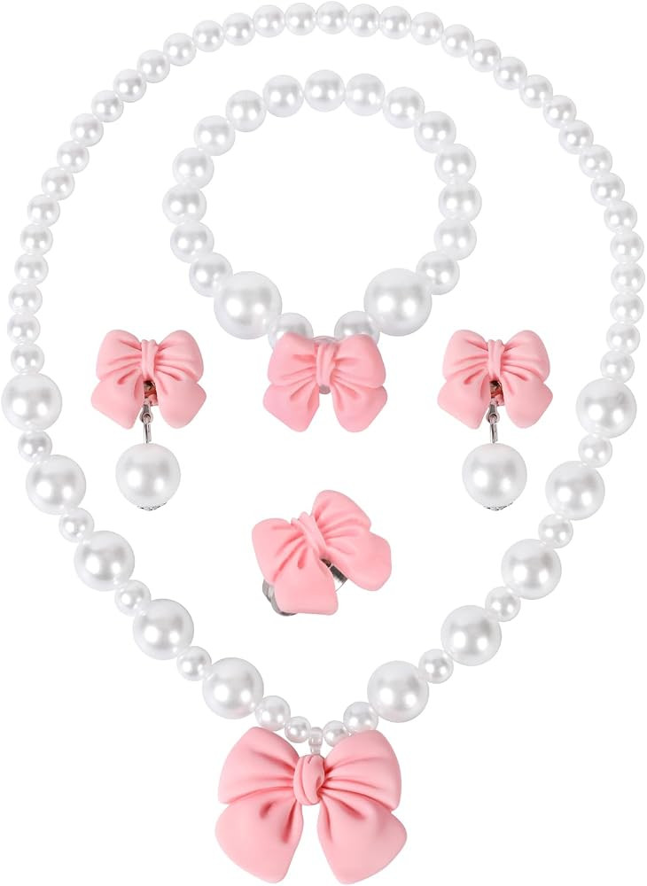 Princess Jewelry for Little Girls, Handmade Bow Pearl Kids Jewelry Set, Stretch Necklace Bracelet... | Amazon (US)