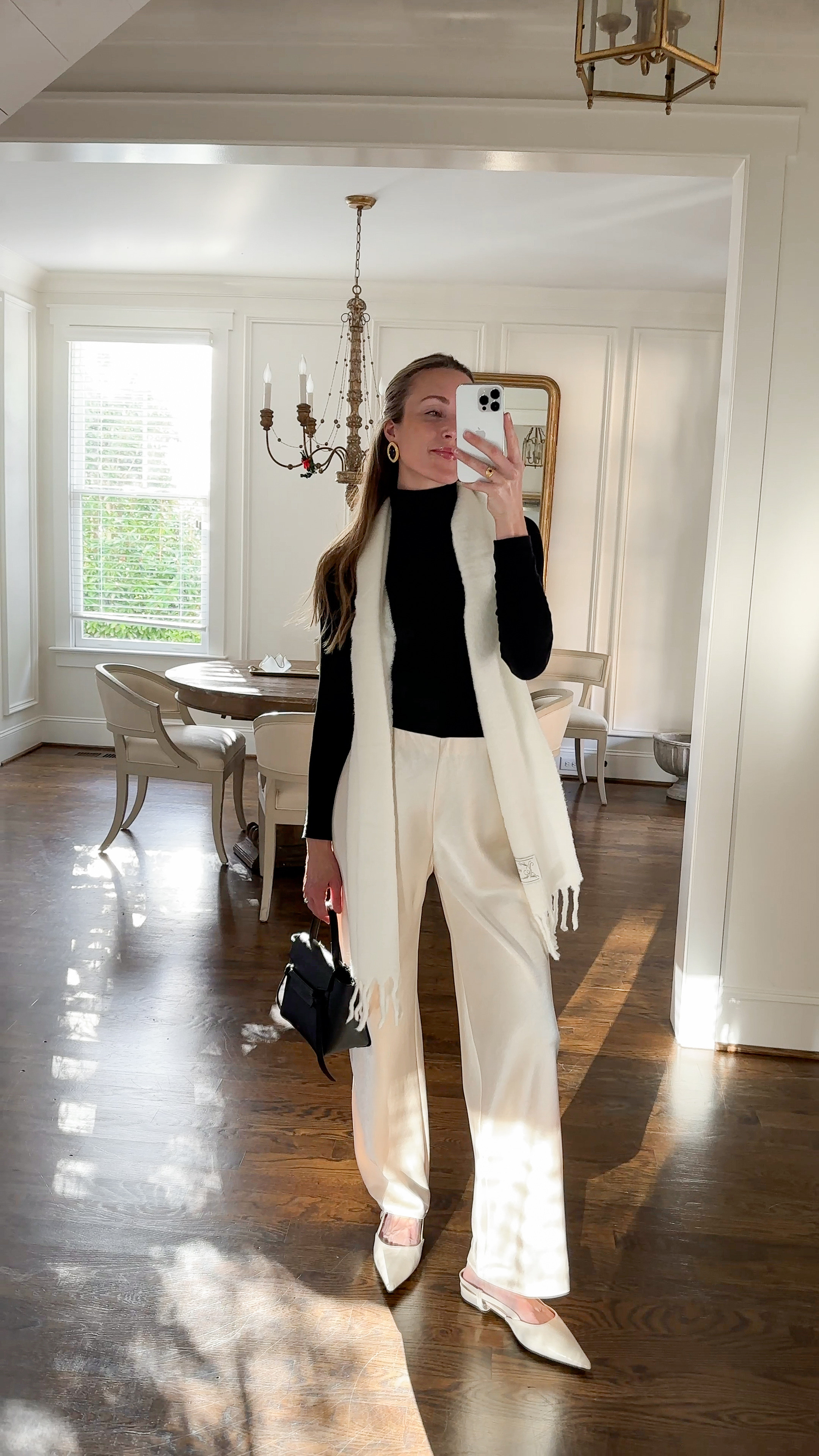 Elevated outfit idea for a chilly day or early holiday party 🤍 My satin pants are a splurge but gorgeous and wearable for so many events! True to size, Similar linked. Turtleneck TTS. Shoes TTS. Scarf back in stock!  

 #LTKHoliday #LTKSeasonal #LTKFindsUnder50