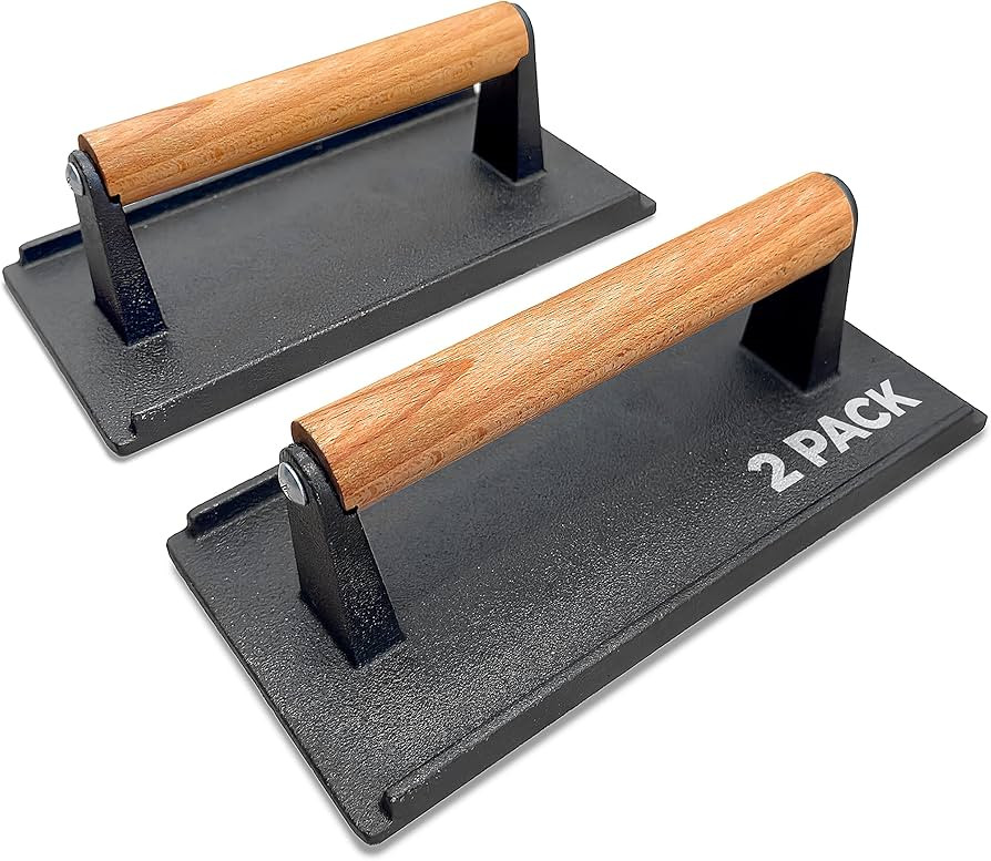 Cast Iron Grill Press (Set of 2) - 8 x 4 Inch, 2.6 lb Griddle Press with Cool-Touch Wood Handle - Pr | Amazon (US)