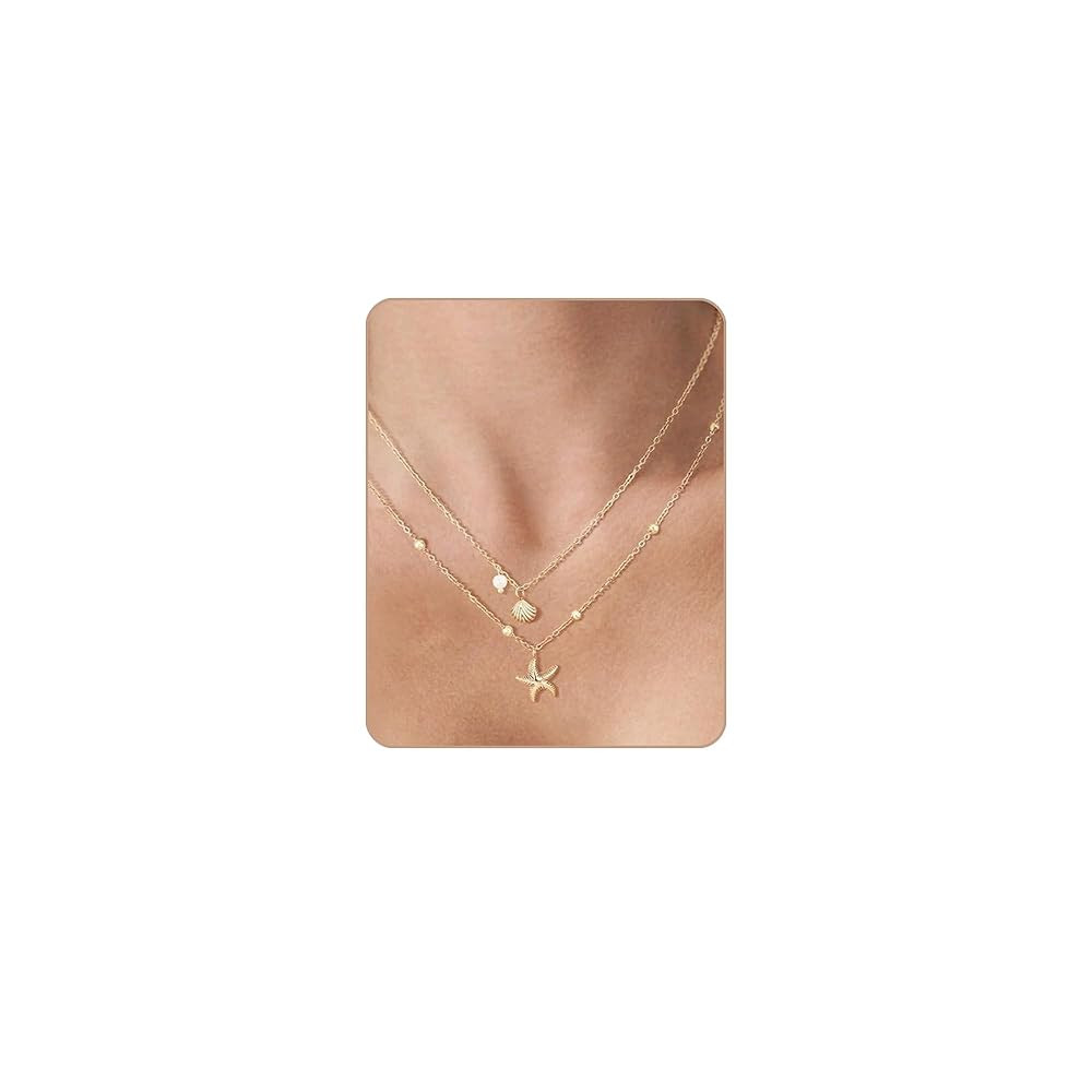 Shell Necklace for Women - 14k Gold Plated Layered Starfish Conch Seashell Pearl Pendant Charm Ne... | Amazon (US)