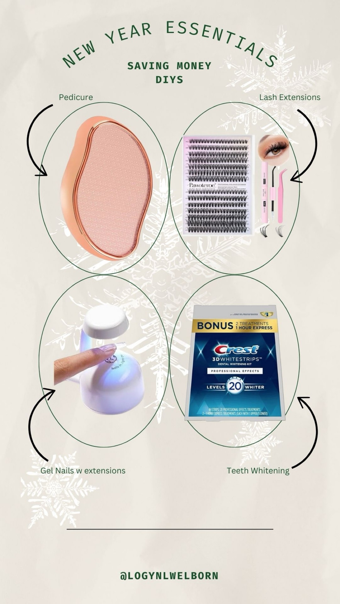 I use every single one of these items weekly. Saves me so much money!! 
Lashes last 4-7 days.
Nails last up to 2 weeks.
Teeth I whiten weekly.
Foot File last me a couple months. 