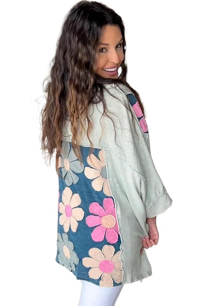 Relaxed Fit Long Sleeve Top: Green with Vibrant Flower Patchwork | Amazon (US)