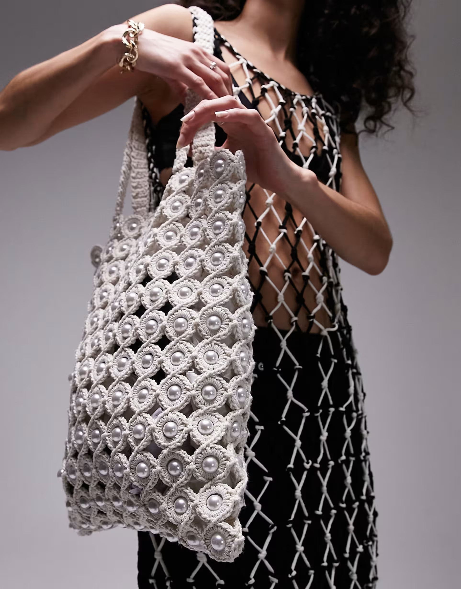 Topshop Jay multi beaded crochet shopper bag in cream | ASOS (Global)