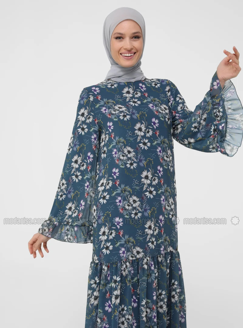 Navy Blue - Floral - Crew neck - Fully Lined - Modest Dress | Modanisa (US)