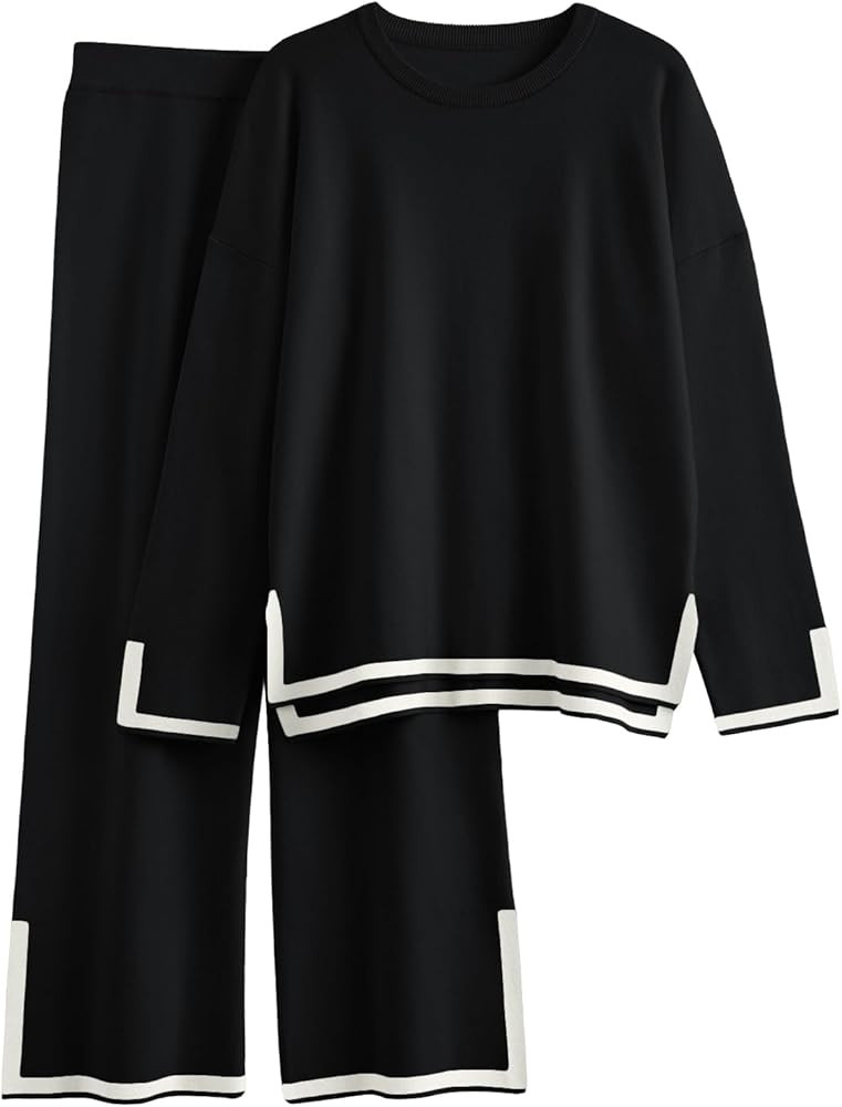 LILLUSORY Women Fall 2 Piece Lounge Set Outfits Sweatsuits Long Sleeve Sweater Tops Wide Leg Pant... | Amazon (US)
