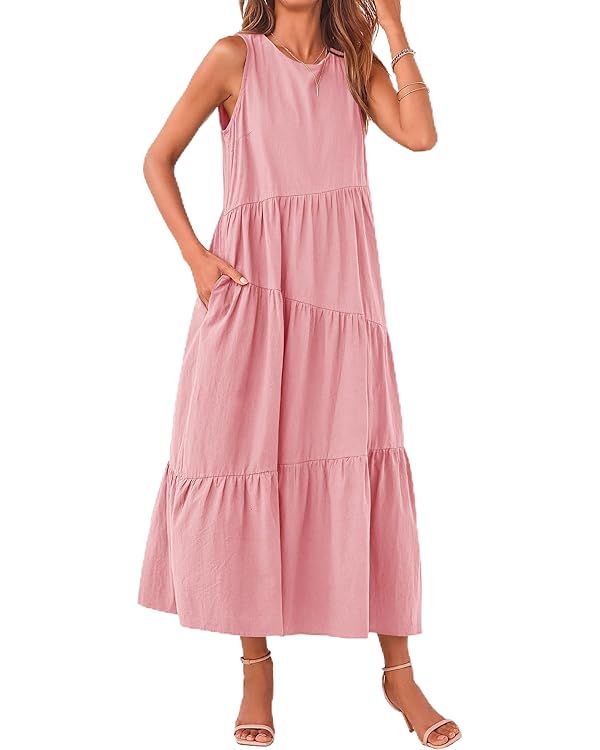 PRETTYGARDEN Summer Sun Dresses for Women Midi Sleeveless Crewneck Tiered Long Flowy Casual Vacat... | Amazon (US)