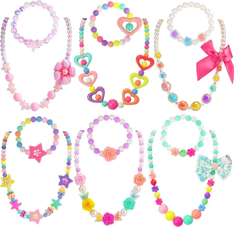 PinkSheep Kids Classic Jewelry, 6 Sets of Beaded Necklaces and Bracelets for Girls, Favors Bags f... | Amazon (US)