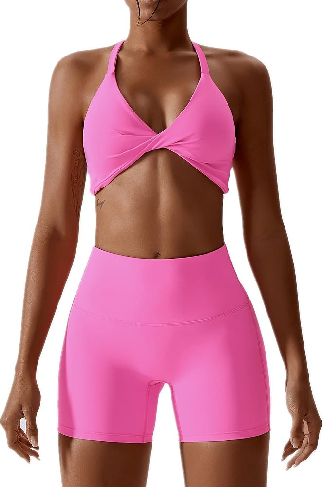 ABOCIW Workout Sets for Women 2 Piece Twist Front Halter Sports Bras High Waist Booty Shorts Exer... | Amazon (US)