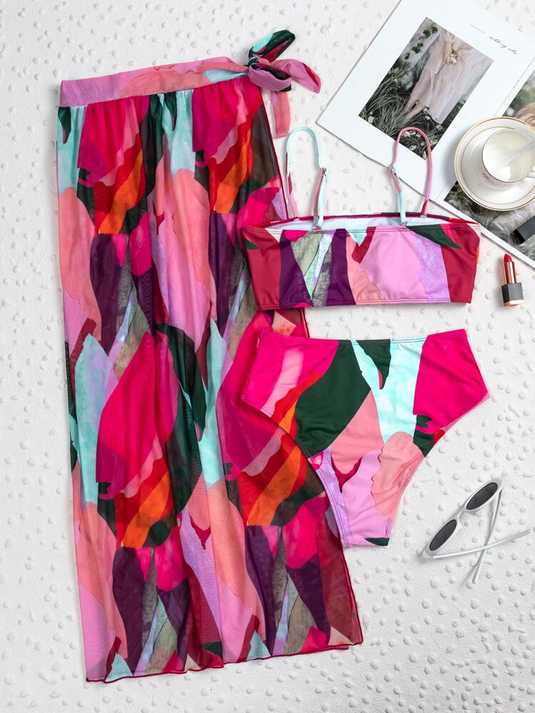 3pack Allover Graphic Bikini Swimsuit & Beach Skirt | SHEIN