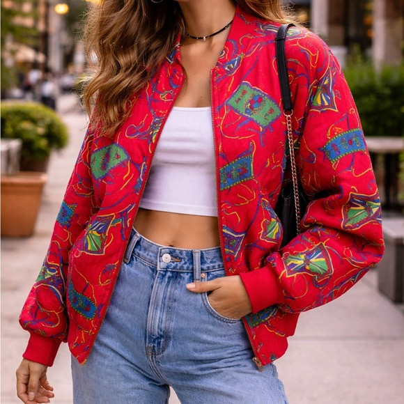 Vintage 90s Red Abstract Print Bomber Jacket Y2K Funky Eclectic Clowncore Size S | Poshmark