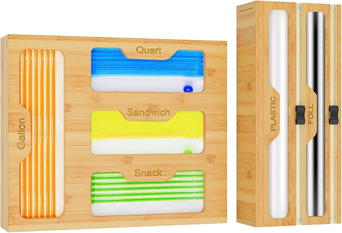 4 Slots Bag Organizer and 2 Foil Plastic Wrap Cutter Dispenser Separated, Bamboo Bag Storage Orga... | Amazon (US)