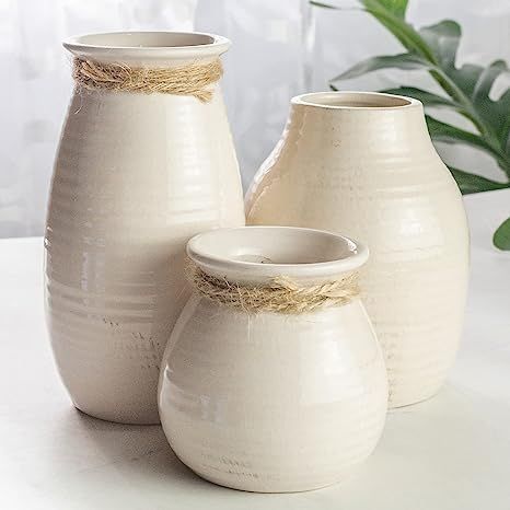 White Vases for Decor - Rustic Home Decor, Modern Farmhouse Decorations - Ceramic Vase for Firepl... | Amazon (US)