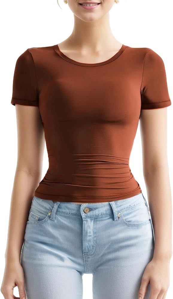 Womens Crew Neck Short Sleeve T Shirts Double Lined Slim Fit Basic Tee Going Out Tops | Amazon (US)