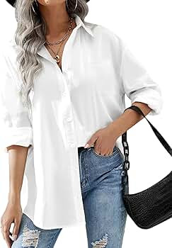 Hotouch Women Button Down Shirts Office Drop Shoulder Oversized Blouse Long Sleeve Boyfriend Dres... | Amazon (US)