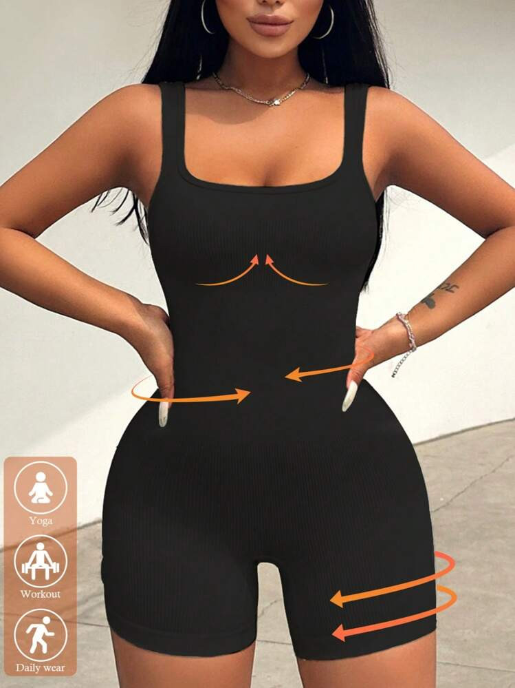 BamGleam Frauen Sommer Herbst Casual Nahtlose Stricken Einfarbig Sport Outdoor Engen Romper Unitard Jumpsuit | SHEIN