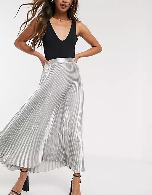 ASOS DESIGN metallic pleated midi skirt in silver | ASOS (Global)