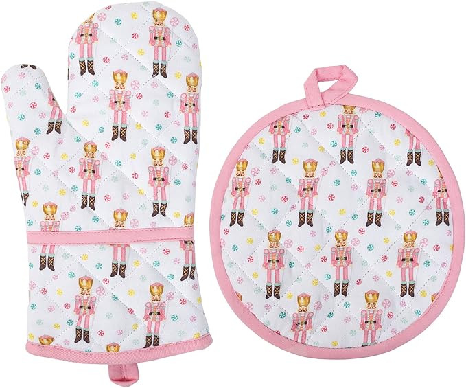 Mary Square Pink Nutcracker Candies 12 x 8.5 Cotton and Polyester Christmas Pot Holder Mitt Set | Amazon (US)