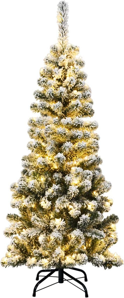 Goplus 4.5ft Artificial Snow Flocked Christmas Tree, Pre-Lit Hinged Pencil Tree with 150 LED Ligh... | Amazon (US)
