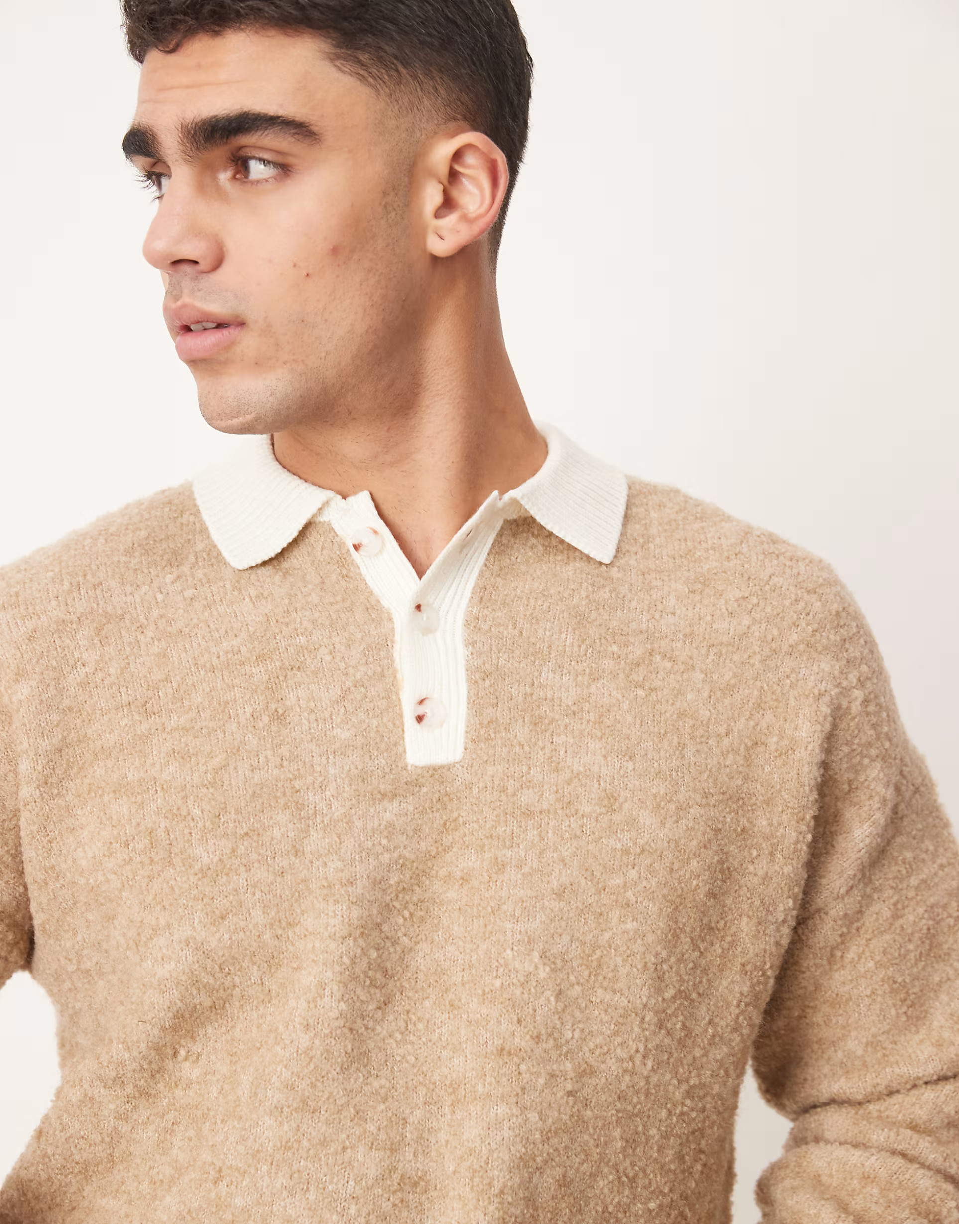 ASOS DESIGN knitted relaxed rugby textured polo in brown - STONE | ASOS | ASOS (Global)