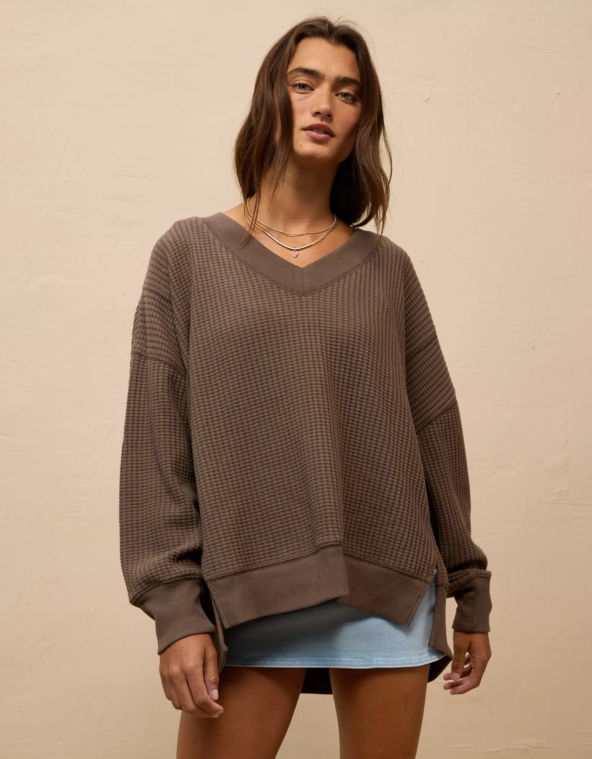 AE Big Hug V-Neck Waffle Sweatshirt | American Eagle Outfitters (US & CA)