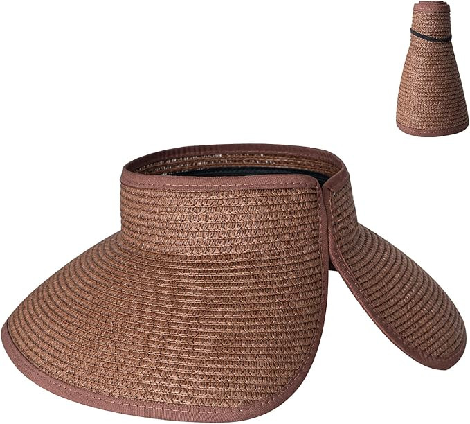 Women's Sun Visor Hats Wide Brim Straw Beach Hat Ponytail Hats for Women Foldable Floppy | Amazon (US)