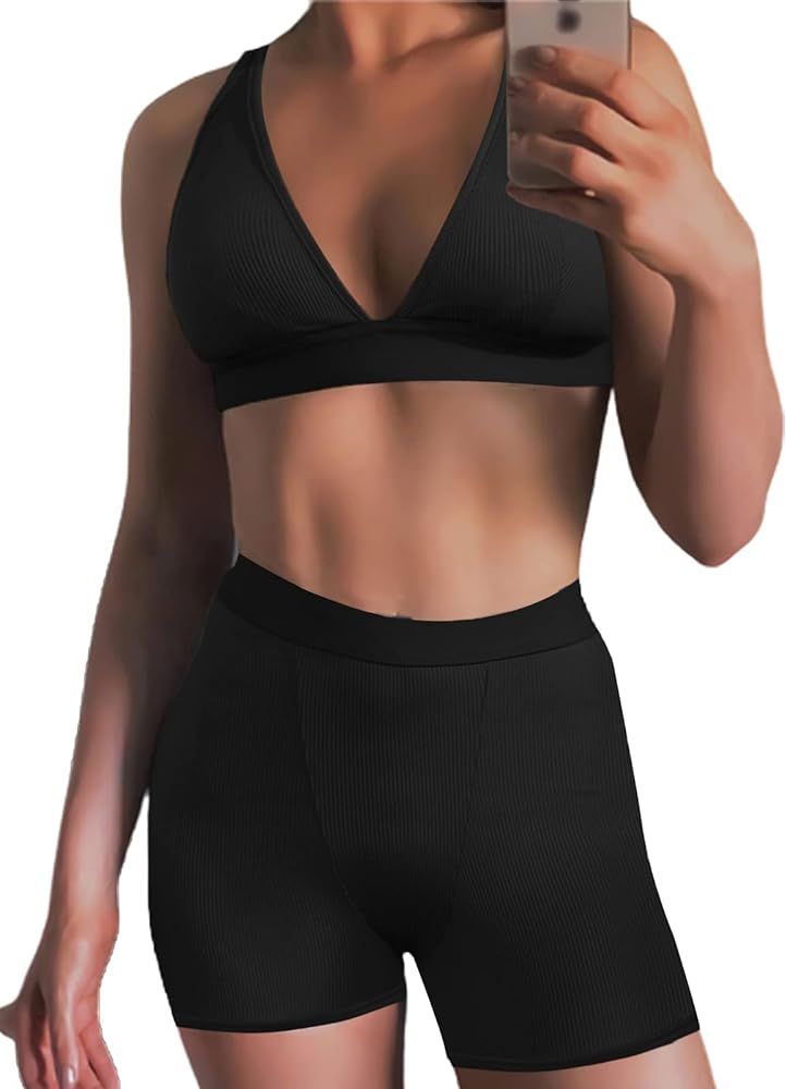 Women's Workout Outfit 2 Pieces High Waist Bodycon Yoga Leggings and Sleeveless Crop Top Gym Clothes | Amazon (US)