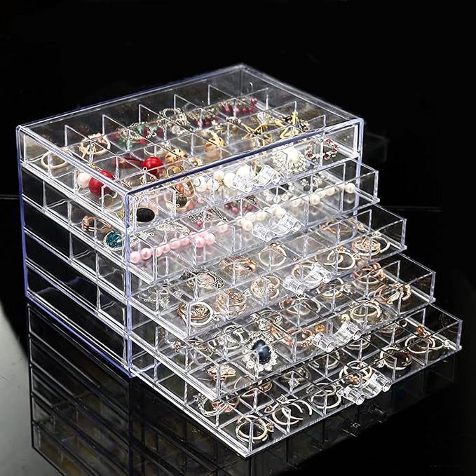 YUFONG Earring Storage Box Organizer, Acrylic Jewelry Storage Box Holder 5 Drawers Transparent Je... | Amazon (US)