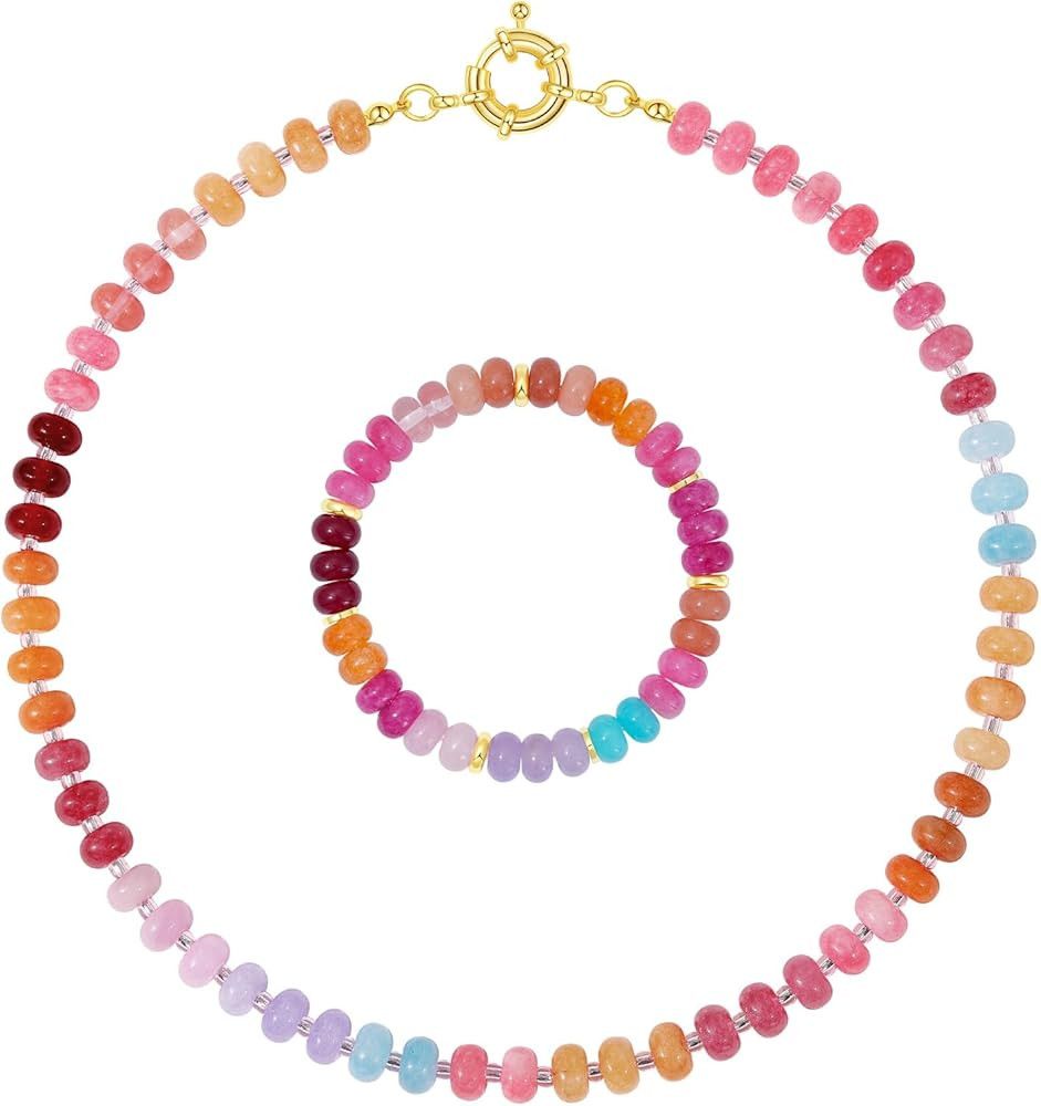 Beaded Gemstone Necklaces for Women, Boho Colorful Bead Choker Necklace, Natural Stone Handmade S... | Amazon (US)