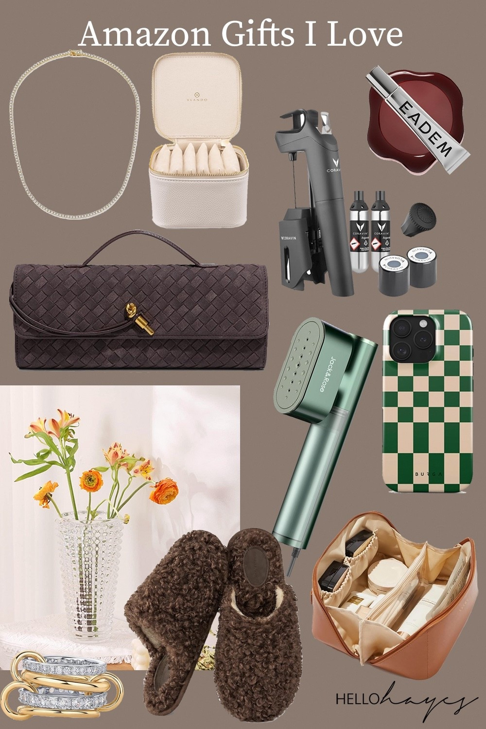 Amazon gift guide with most items under $30. 

travel steamer, shearling slippers, tennis necklace, Bottega inspired clutch, Spinelli Kilcollin look-alike, travel jewelry case, makeup bag, wine preserver, wine glasses. 

#LTKGiftGuide