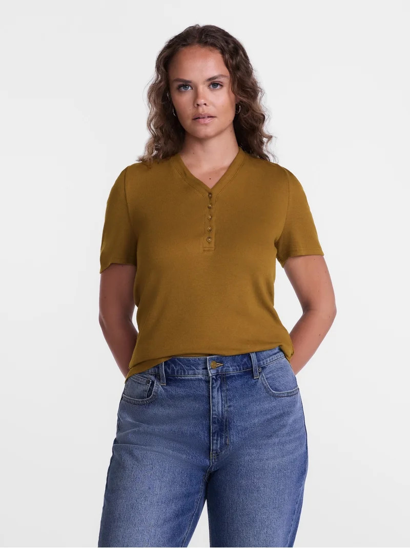 Scenario Women's V-Neck Henley Top with Short Puff Sleeves, Sizes XS-XXXL | Walmart (US)