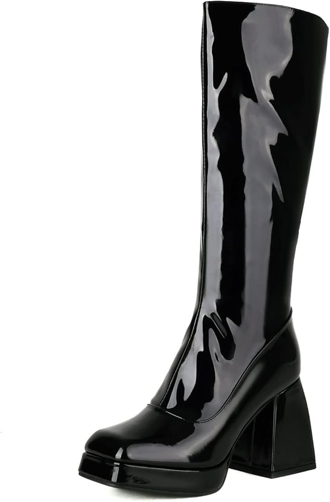 Kirliner Womens Go Go Boots 70s Platform Square Toe Slouch Boots Chunky Heel Block Knee High Boot... | Amazon (US)