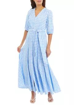 Taylor Women's 3/4 Sleeve Tie Waist Gingham Print Midi Dress | Belk