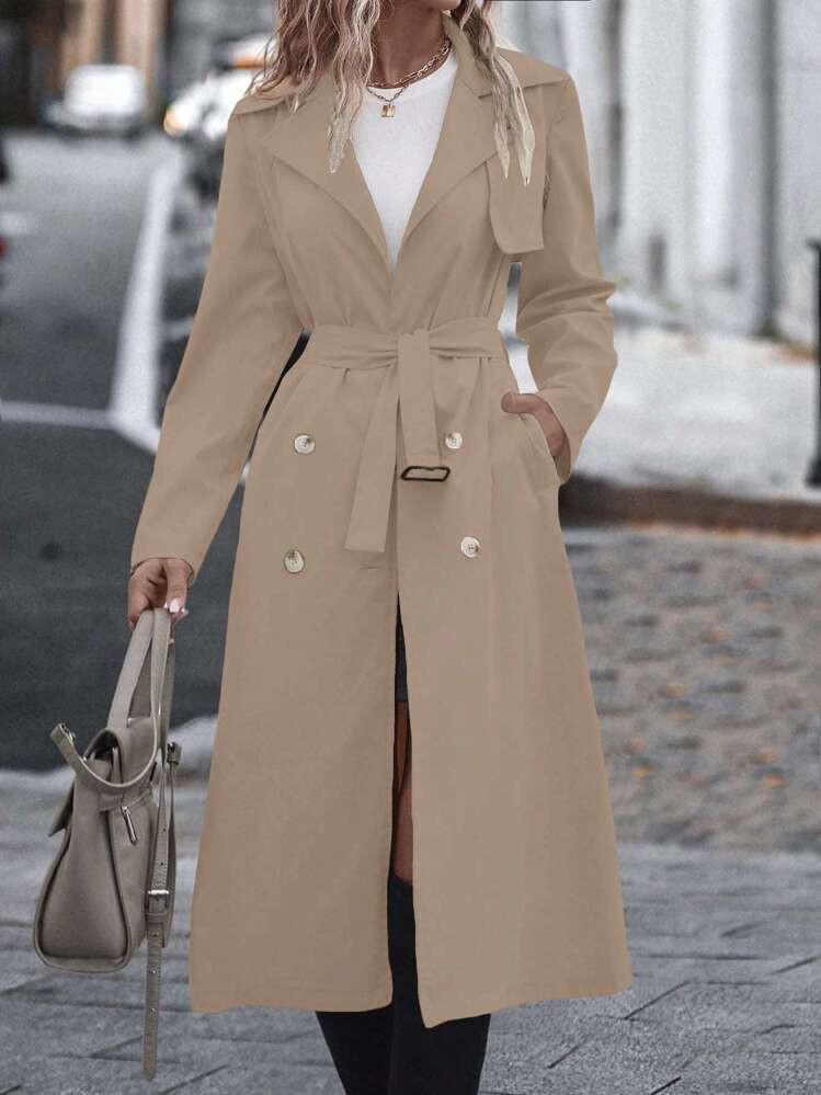 SHEIN Relaxiva Double Breasted Belted Trench Coat | SHEIN